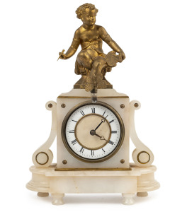 A French figural clock with electric movement and light, gilt metal and alabaster case, late 19th century, 30cm high