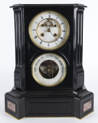 A French black cased mantel clock with visual escapement above a subsidiary barometer dial, 19th century, 42cm high