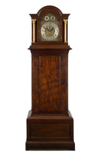 An English Grand Father long case clock, triple weight with Westminster four chime selection, mahogany case, 19th century, 210cm high