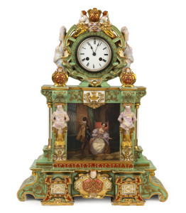 A German porcelain mantel clock with finely painted court scene, French movement, 19th century, 57cm high