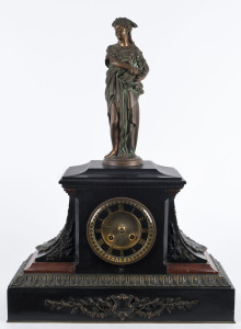 French figured mantel clock with 15 day movement and bell strike, black slate and rouge marble with bronze finished metal classical figure, 19th century, 54cm high