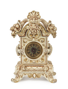 GUSTAV BECKER German mantel timepiece in Majolica case with cloisonne enamel brass dial and Roman numerals, 19th century, movement stamped "G.B.", 37cm high