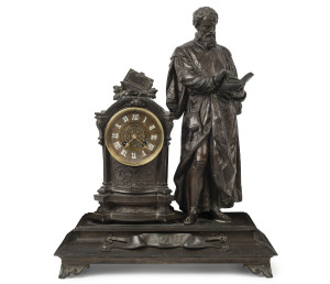 French figural mantel clock of a standing scholar, bronzed cast metal with brass dial and Roman numerals, 19th century, ​50cm high