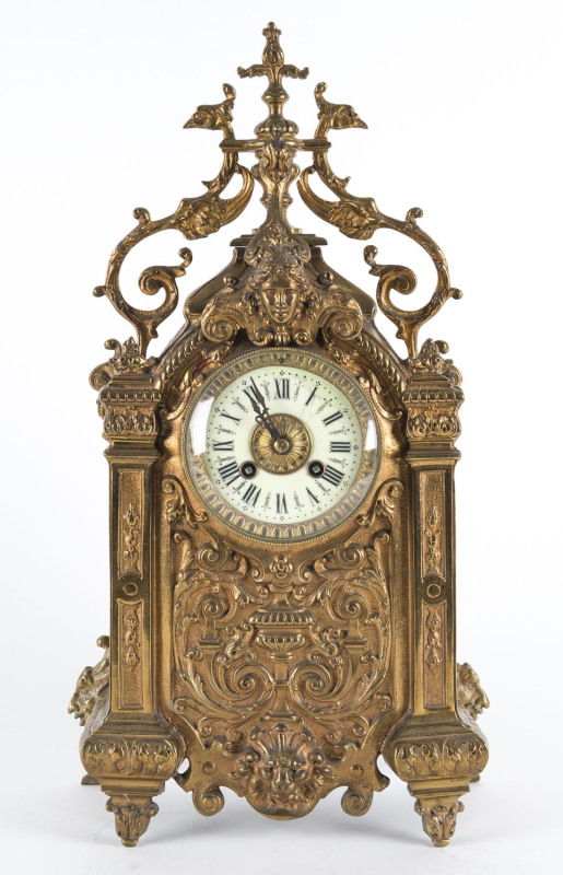 French ornate brass cased mantel clock with enamel dial, 19th century, ​49cm high