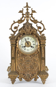 French ornate brass cased mantel clock with enamel dial, 19th century, 49cm high
