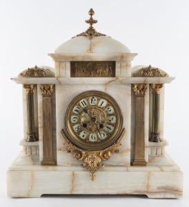 French 8 day mantel clock with half and hourly strike, white marble with gilt metal mounts, circa 1880, 42cm high