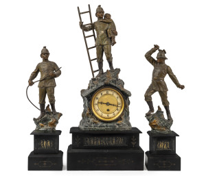 HEROES Series "Fireman In Acts Of Heroism", French three piece clock set, cold painted spelter and black slate, circa 1885, timepiece only, 58cm high