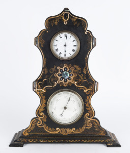 Swiss timepiece and barometer in papier mache case, 19th century, 46cm high