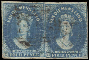 1857 (SG.21-23) 4d Blue Chalon on No wmk. paper; group of mainly four margin copies incl. two pairs covering the three shades, one pair with pen cancel. Cat.&pound;1250.