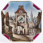 Austrian porcelain plate table or wall clock with handpainted clock tower town scene, 19th century, ​26cm high