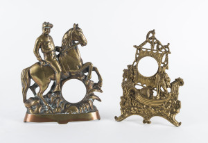 ANSONIA "Columbus" cast brass clock case; together with a cast brass pocket watch holder, 19th century, 23cm and 26cm high