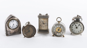 Five small nickel plated and sterling silver cased clocks including Ansonia "Little Bee", 19th and 20th century, the tallest 9cm high