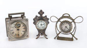 Art Deco alarm clock, ANSONIA "Stirrup" clock (no back) circa 1901, and a JENNING BROS. bedside clock in silvered case, circa 1900, the tallest 15cm high