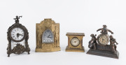 Four ornate metal cased clocks including WW1 Polish Commemorative clock, Ansonia "Band Master", Swiss and American, 19th and 20th century, ​the tallest 22cm high