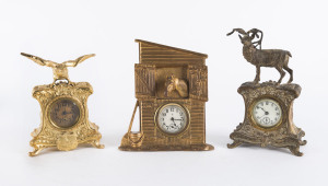 Three American gilt metal clocks with animal motifs, Gilbert and Ansonia, 19th and 20th century, the tallest 21cdm high