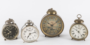 Four antique and vintage alarm clocks with bells, including Ansonia "Peep-O-Day", Canadian "Silver Bell", Westclox "America", and brass cased Ansonia, 19th and early 20th century, the largest 20cm high