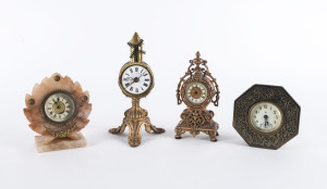 Four American bedside clocks including Ansonia "Windmill" alarm, 19th and early 20th century, the tallest 21cm high