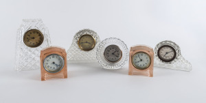 Six assorted vintage and Art Deco pink glass and cut crystal clocks, early 20th century, the tallest 16cm high