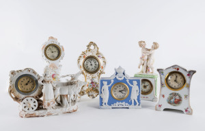 Group of six assorted porcelain cased clocks, American, German and English, 19th and 20th century, the tallest 25cm high