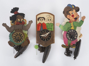 Three novelty wall clocks, single weights with handpainted moving dials, German and Austrian, circa 1930, largest dial 23cm high