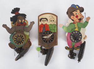 Three novelty wall clocks, single weights with handpainted moving dials, German and Austrian, circa 1930, ​largest dial 23cm high