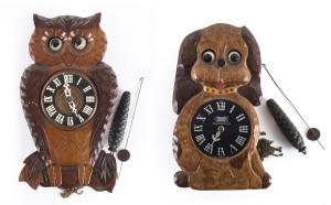 Two novelty wall clocks, owl and dog, German and Japanese, 20th century, ​dials 27cm and 28cm high