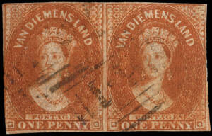 1856 (SG.24) 1d Deep Red Brown Chalon, no wmk. on Pelure paper; a fine pair with clear margins, barely touching at lower left and struck with light BN '64' of Hobart. RPSL (1931) Certificate. Cat.&pound;1500+. (2).Provenance: Boucher