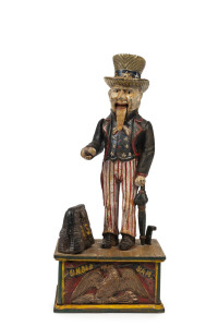 UNCLE SAM Mechanical Bank painted case iron money box, 28cm high