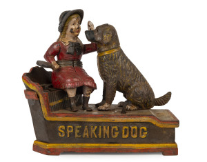 SPEAKING DOG Mechanical Bank, painted cast iron with original key, 18cm high