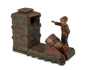 ARTILLERY BANK Mechanical Bank money box, painted cast iron, ​15cm high