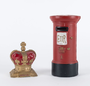 Two Queen Elizabeth II cast iron money boxes, circa 1952, 10cm and 17cm high