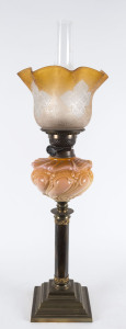 A kerosene oil banquet lamp with salmon coloured glass font, acid etched shade and Duplex double black button burner, 19th century, 76cm high