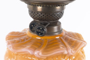 A kerosene oil banquet lamp with salmon coloured glass font, acid etched shade and Duplex double black button burner, 19th century, 76cm high - 2