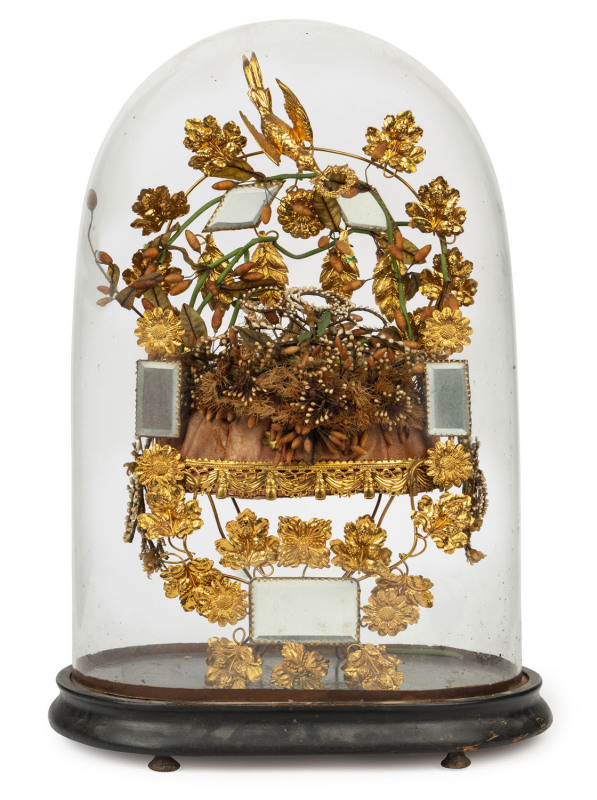 Victorian bridal display with gilt metal birds and mirrors, housed in glass dome, 19th century, ​50cm high