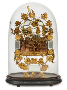 Victorian bridal display with gilt metal birds and mirrors, housed in glass dome, 19th century, 50cm high