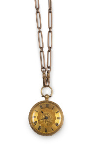 KILPATRICK & Co. London, 18ct yellow gold open face pocket watch with fusee movement together with a 9ct rose god fob chain, 19th century, chain stamped 9ct, chain weight 29 grams 