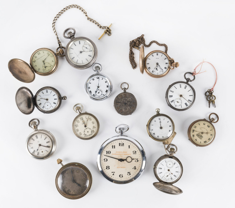 Fourteen assorted vintage and antique pocket watches including Peruvian station master's watch.