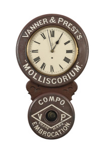 BAIRD CLOCK Co. Vanner & Prest's advertising wall clock, Plattsburgh, New York, U.S.A. circa 1893, timber case with tin dial surround, 76cm high