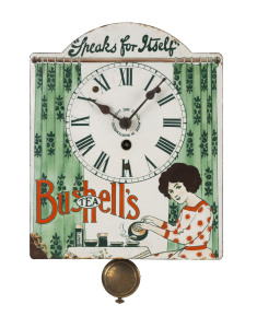 BUSHELLS TEA advertising wall clock with 8 day movement with enamel on tin, made in Wurtemberg, Germany, circa 1920, 28cm high