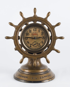 VACUUM OIL COMPANY Gargoyle Marine Oil ships wheel desk clock by Waterbury, U.S.A circa 1929, ​15cm high