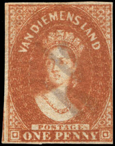 1856 (SG.24) 1d Deep Red Brown Chalon on Pelure no wmk paper; fine full margined example with mss. cancel '46' of New Town and another example with 3 good margins cancelled BN '60' . Full margined copies are difficult to find. Cat.&pound;1500. (2).