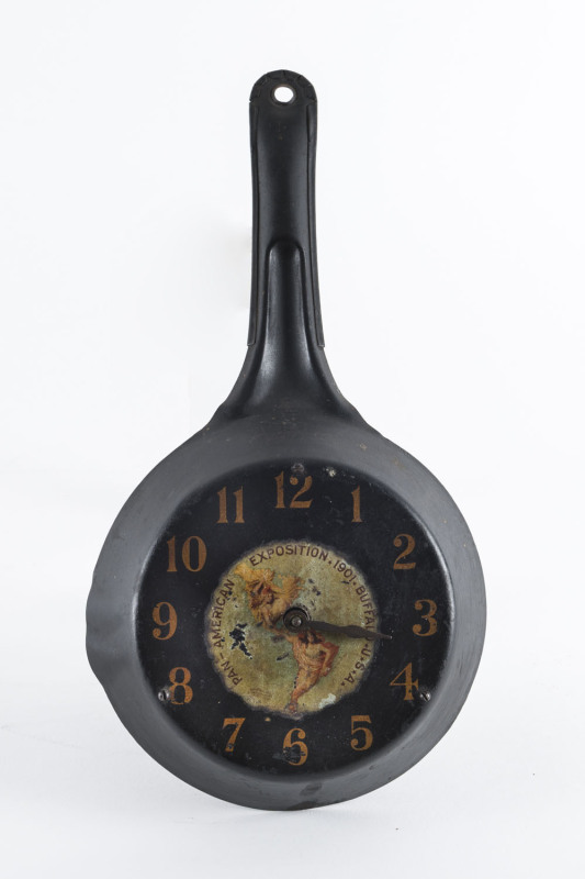 PAN-AMERICAN Exposition 1901 Buffalo, U.S.A novelty frying pan wall clock, circa 1900, marked "C.F. CHOUFFER, JEWELER, BUFFALO, N.Y.", ​29cm high