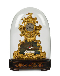 French automaton mantel clock, gilt bronze on marquetry rosewood base with automaton rocking tallship in front of a handpainted port scene most likely Marseilles, under an impressive glass dome, early 19th century, ​55cm high