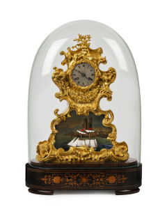 French automaton mantel clock, gilt bronze on marquetry rosewood base with automaton rocking tallship in front of a handpainted port scene most likely Marseilles, under an impressive glass dome, early 19th century, 55cm high