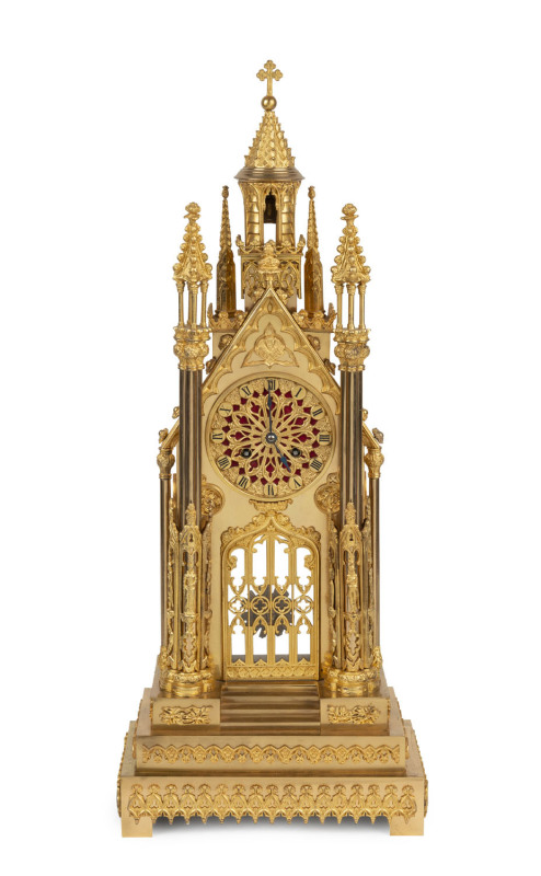 A French Gothic architectural time and strike clock with sunburst pendulum and ornately cast ormolu case, 19th century, 64cm high