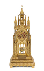 A French Gothic architectural time and strike clock with sunburst pendulum and ornately cast ormolu case, 19th century, 64cm high
