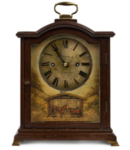 English automaton fusee bracket clock with prancing horses, walnut and brass case with handpainted face, circa 1840, 37cm high