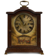 English automaton fusee bracket clock with prancing horses, walnut and brass case with handpainted face, circa 1840, 37cm high