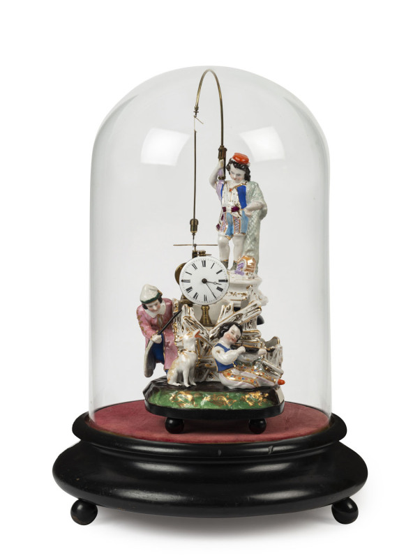 "Fisherman" French porcelain figured clock with pull cord wind and noiseless conical pendulum, housed in a glass dome, circa 1860, 42cm high