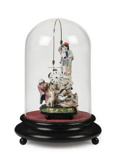 "Fisherman" French porcelain figured clock with pull cord wind and noiseless conical pendulum, housed in a glass dome, circa 1860, 42cm high